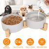 Double 28.7Oz Ceramic Pet Bowls Dog Bowls with Wooden Stand Raised Pet Feeder for Small Dogs