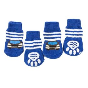 4 Pcs Blue Cars Knitted Dogs Socks Cute Pet Socks Dog Paw Protection for Puppy Indoor Wear