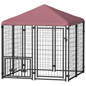 PawHut Welded Wire Outdoor Dog Kennel with 360° Rotating & 4 Levels Adjustable Bowls, Waterproof Cover, 4.6' x 4.6' x 5'