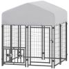 PawHut Welded Wire Outdoor Dog Kennel with 360Â° Rotating & 4 Levels Adjustable Bowls, Waterproof Cover, 3.9' x 3.9' x 4