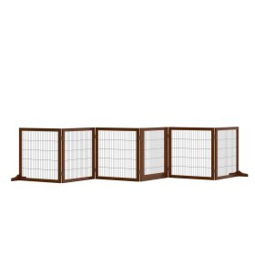 Wooden Pet Gate, Dog Safety Barrier, Freestanding Foldable Fence, w/ 6 Panels, 2 Support Feet, for House Doorway Stairs, Small & Medium Dogs, Coffee