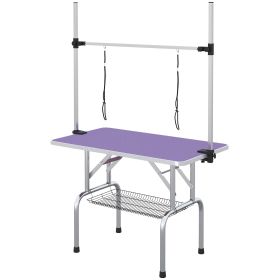 Adjustable Dog Grooming Table with 2 Safety Slings, Storage Basket, Purple