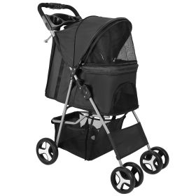 4 Wheels Pet Stroller Foldable Carrier Strolling Cart Travel Jogger Pet Stroller with Removable Liner Storage Basket for Pets (Option: Black)