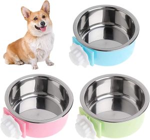 Crate Dog Bowl; Removable Stainless Steel Hanging Pet Cage Bowl Food & Water Feeder (size: blue)
