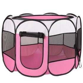 Portable Foldable Pet Playpen Exercise Pen Kennel Removable Zipper Top and Bottom Water Resistant Indoor Outdoor Use For Dogs (Color: Pink)